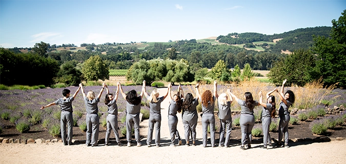 Outdoor photo of Morpheus team raising their hands in the air in beautiful Sonoma County lavender field