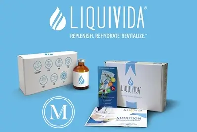 LIQUIVIDA - REPLENISH. REHYDRATE, REVITALIZE. With photos of product boxes, vial and brochure for LIQUIVIDA the IV Therapy we offer