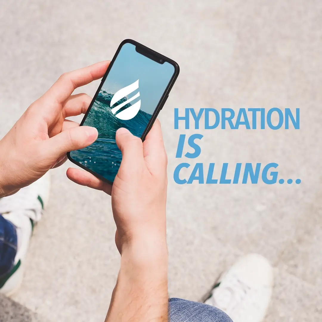 Hands hold a smartphone with drop logo of Liquivida and caption HYDRATION IS CALLING