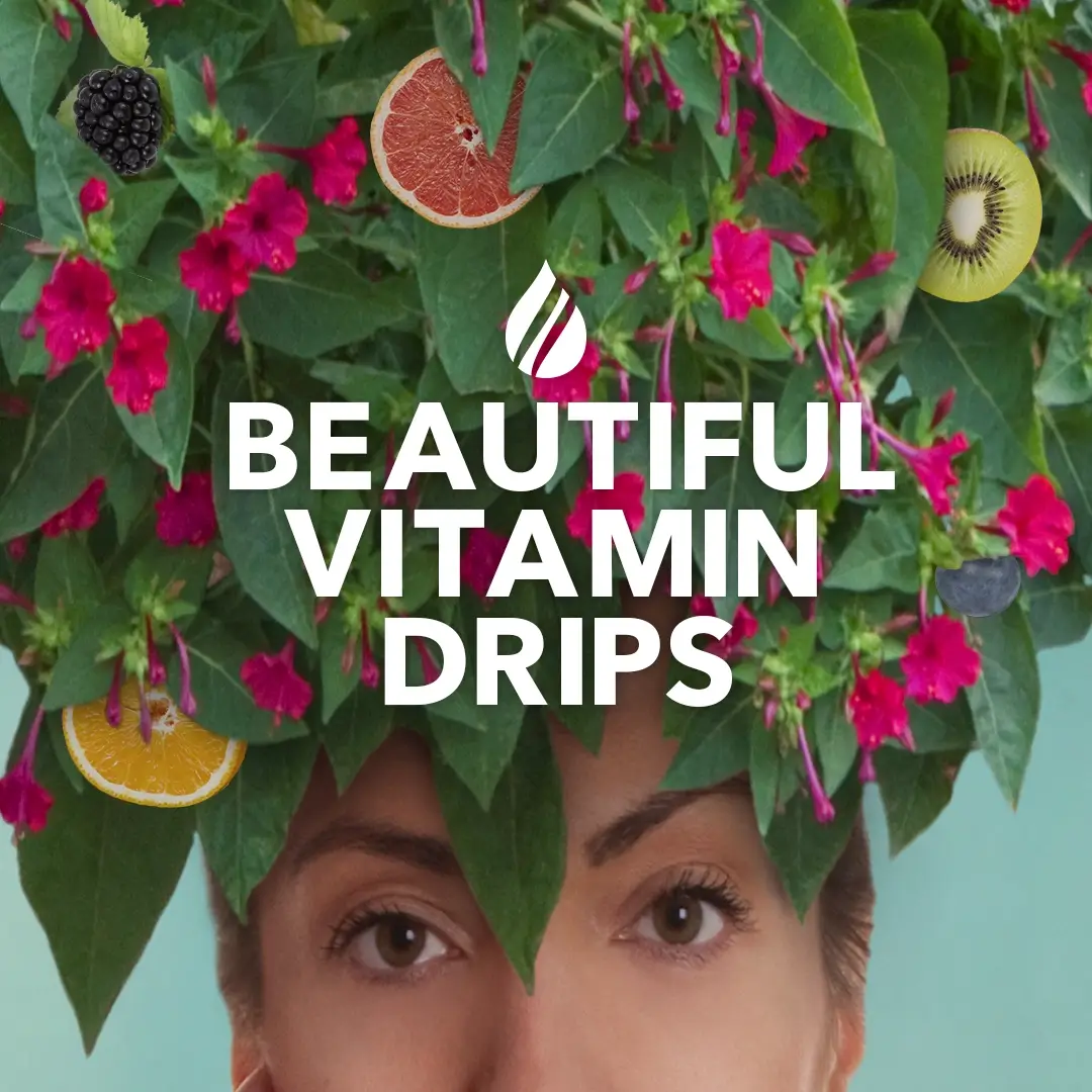 Eyes of woman behind foliage with caption BEAUTIFUL VITAMIN DRIPS