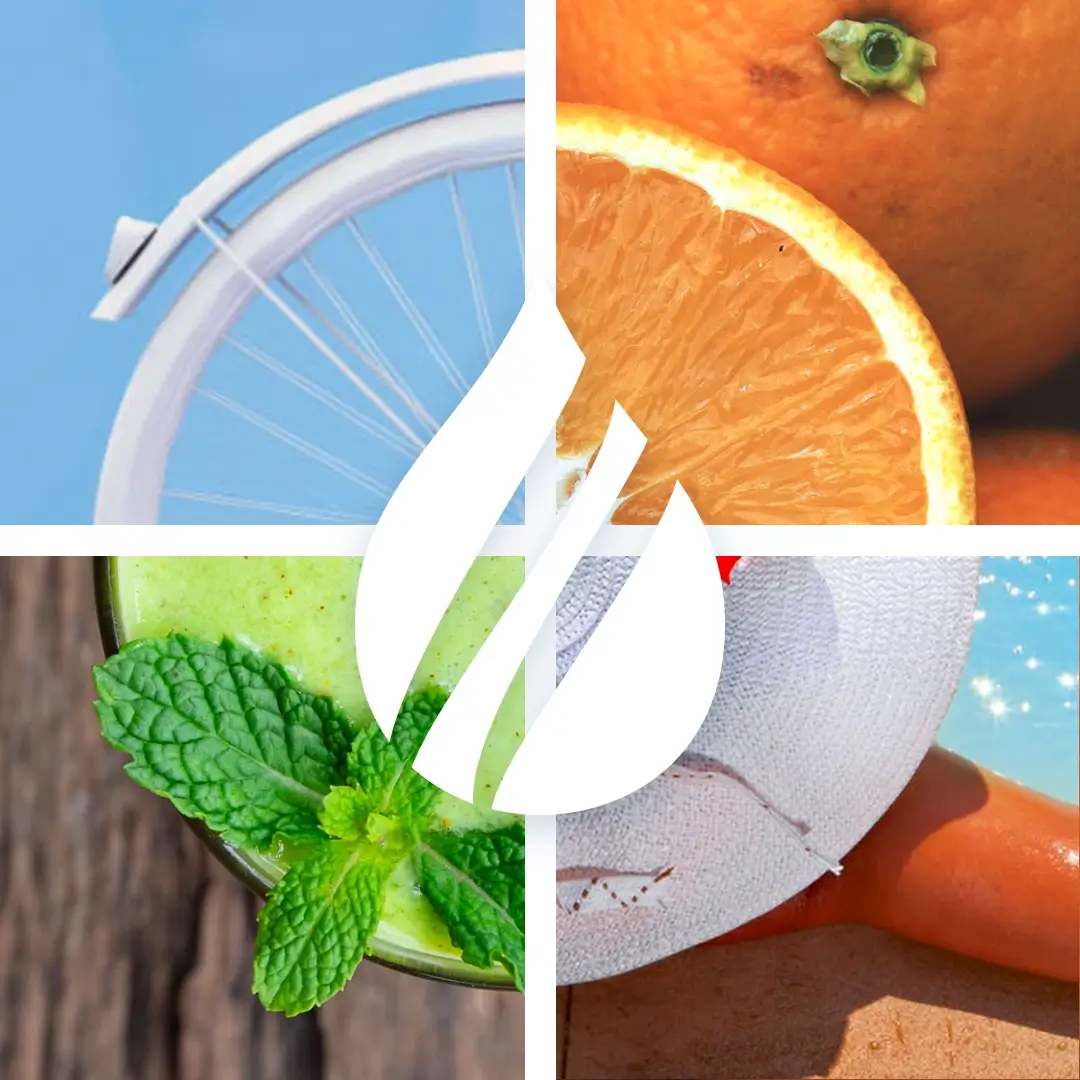 Craft a collage with four images, a bicycle tire, an orange slice, mint on a green smoothie, and a woman in a pool with a hat collectively representing healthy living