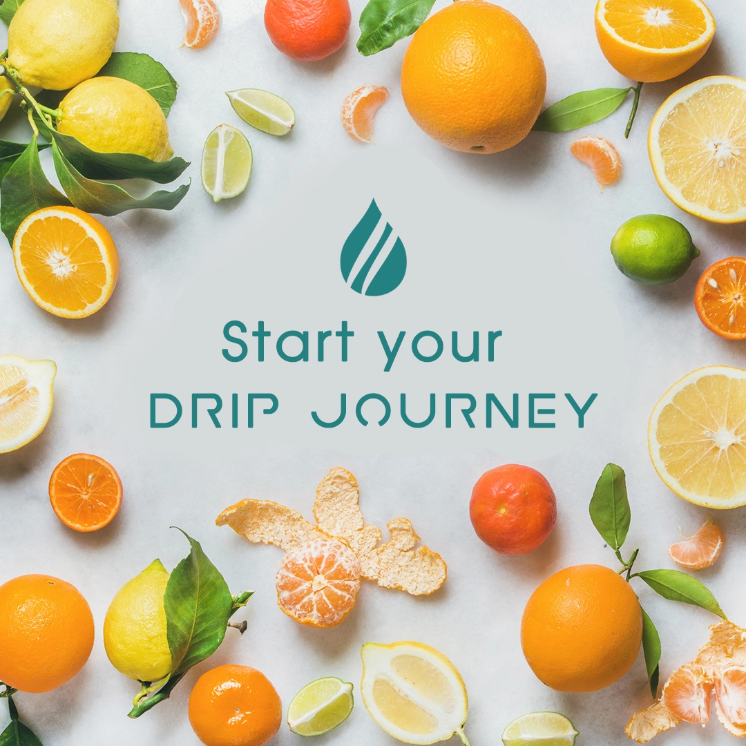 Omage of fresh lemon and limes arranged neatly, accompanied by the caption Start your DRIP JOURNEY at the center, highlighting our service of vitamin drip therapy