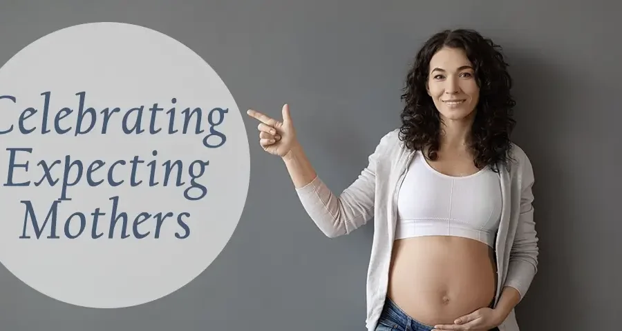 Celebrating Expecting Mothers with Pregnant Women pointing at caption